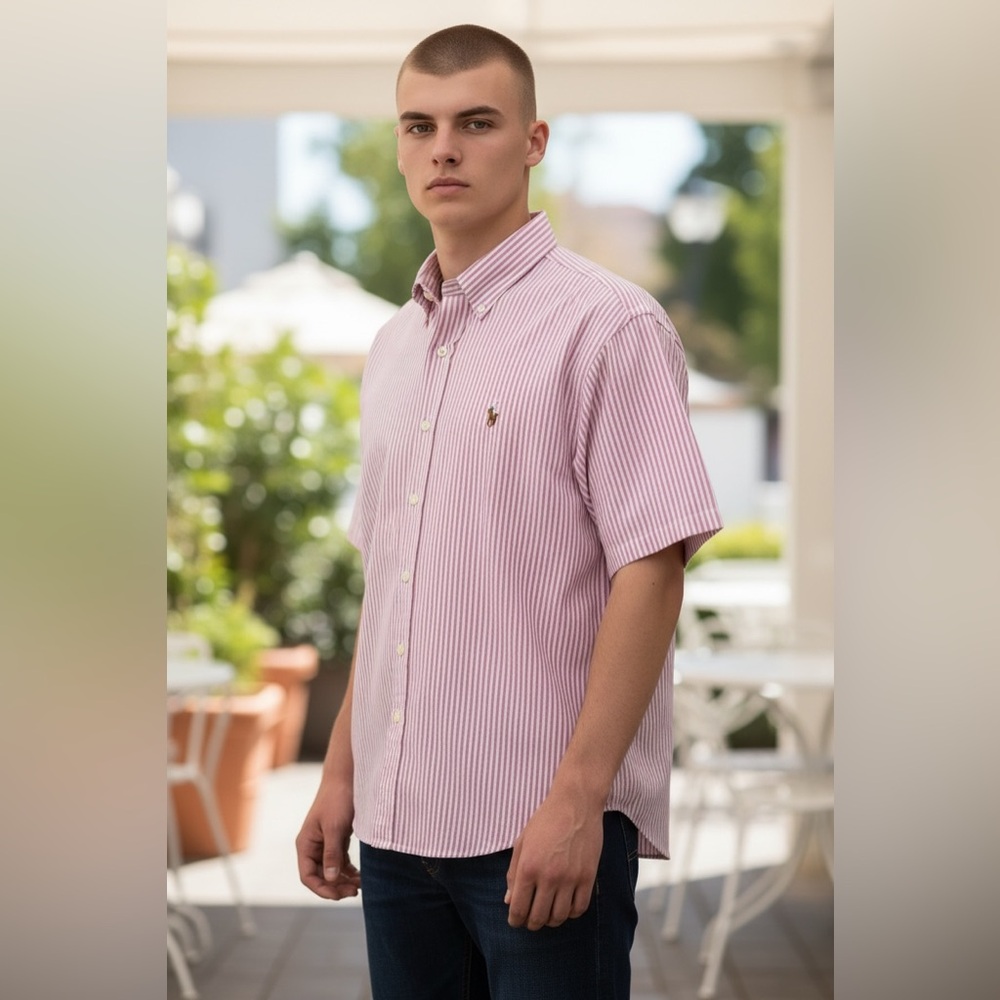 Ralph Lauren Pink and White Striped Short Sleeve Button-Down Shirt
